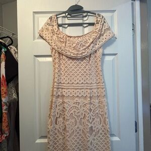 Sharagano One-Shoulder Lace Dress in Blush Pink